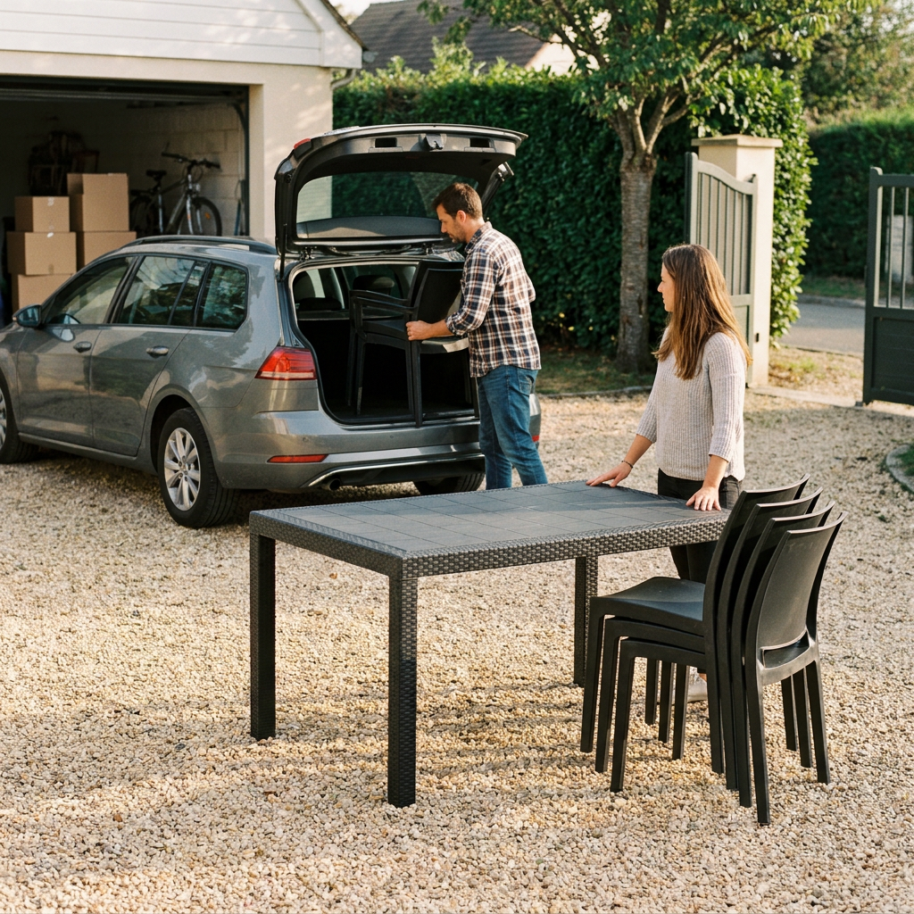 Un homme charge des chaises de jardin empilables dans un break lors d'une remise en main propre entre particuliers